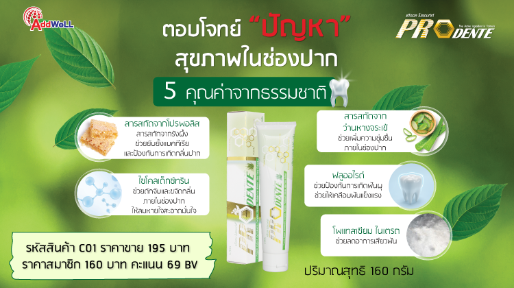ยาสีฟันโปรพอลิส โปรเดนท์เต้ยาสีฟันช่วยป้องกันฟันผุ มีฟลูออไรด์และว่านหางจระเข้ช่วยให้ชุ่มชื้น และลดการสะสมของแบคทีเรีย